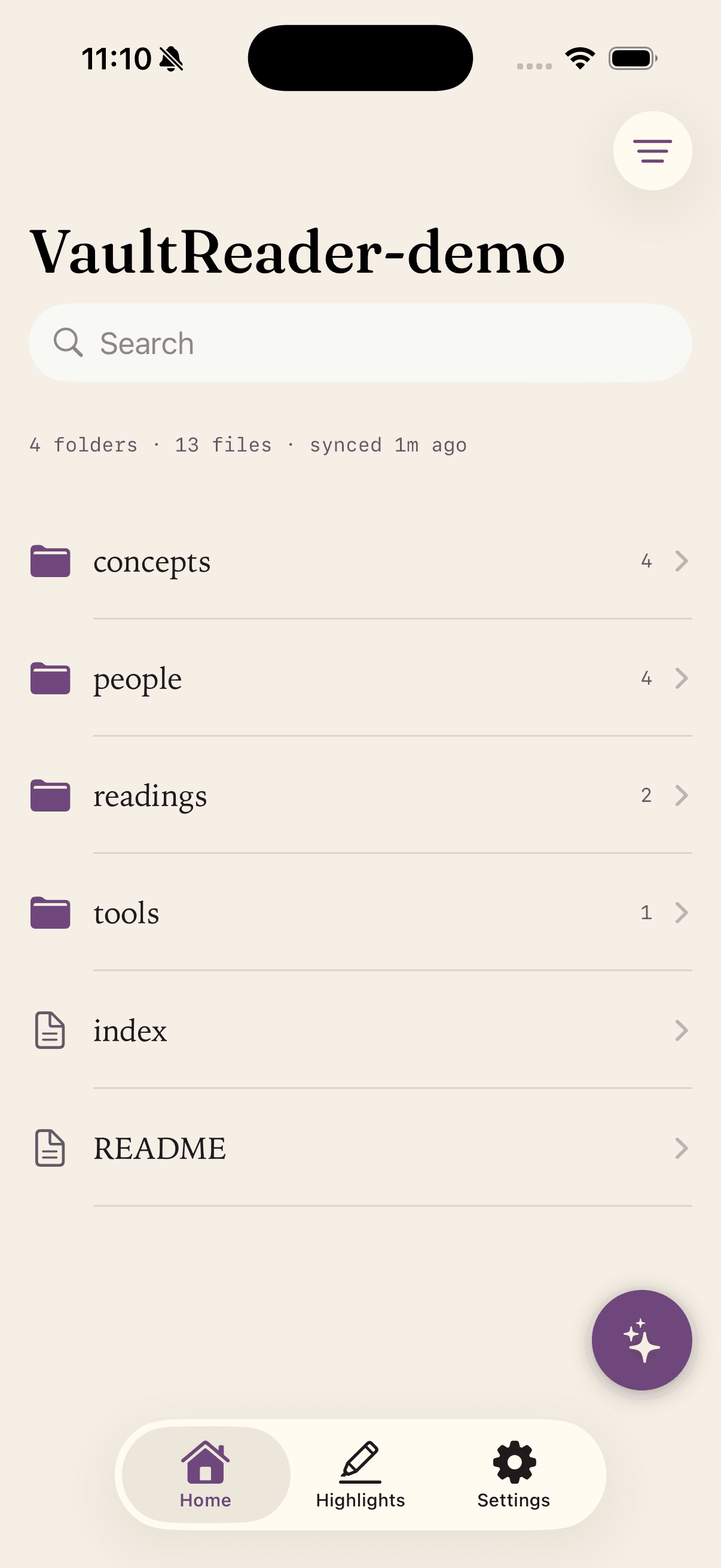 Vault Reader's home view listing a vault's folders and files