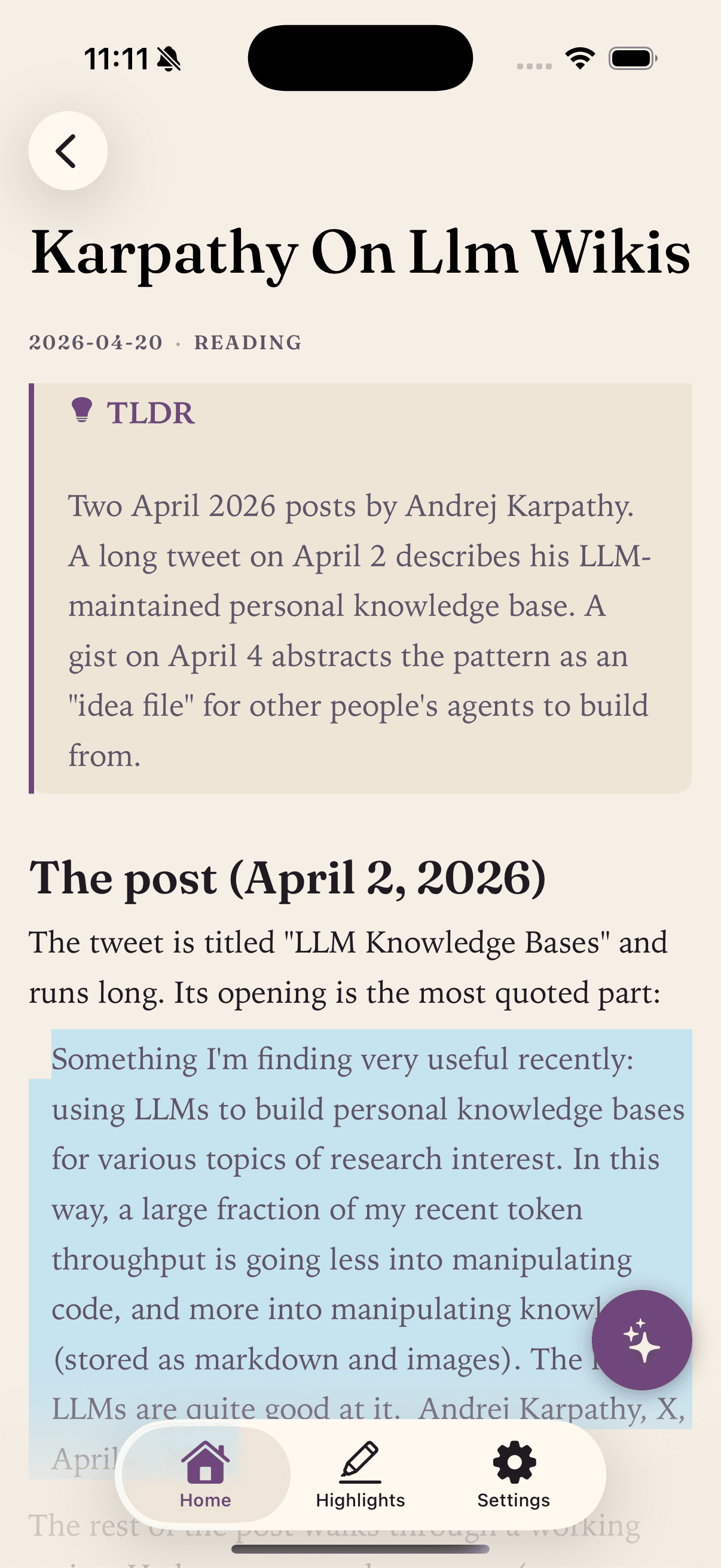 A rendered markdown page with a TLDR callout and a highlighted passage