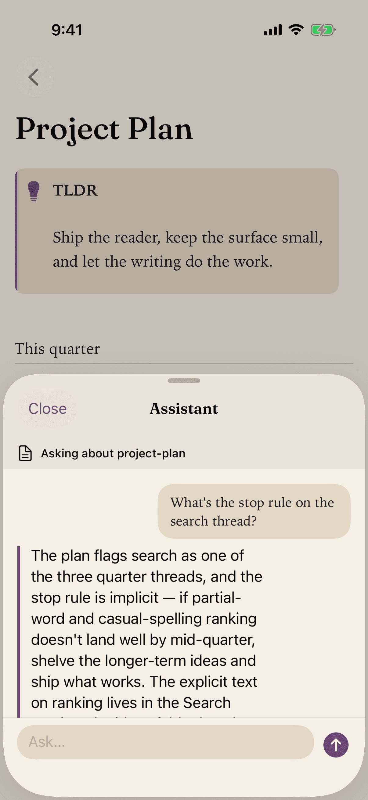 Page-level AI chat showing a seeded conversation about the current note