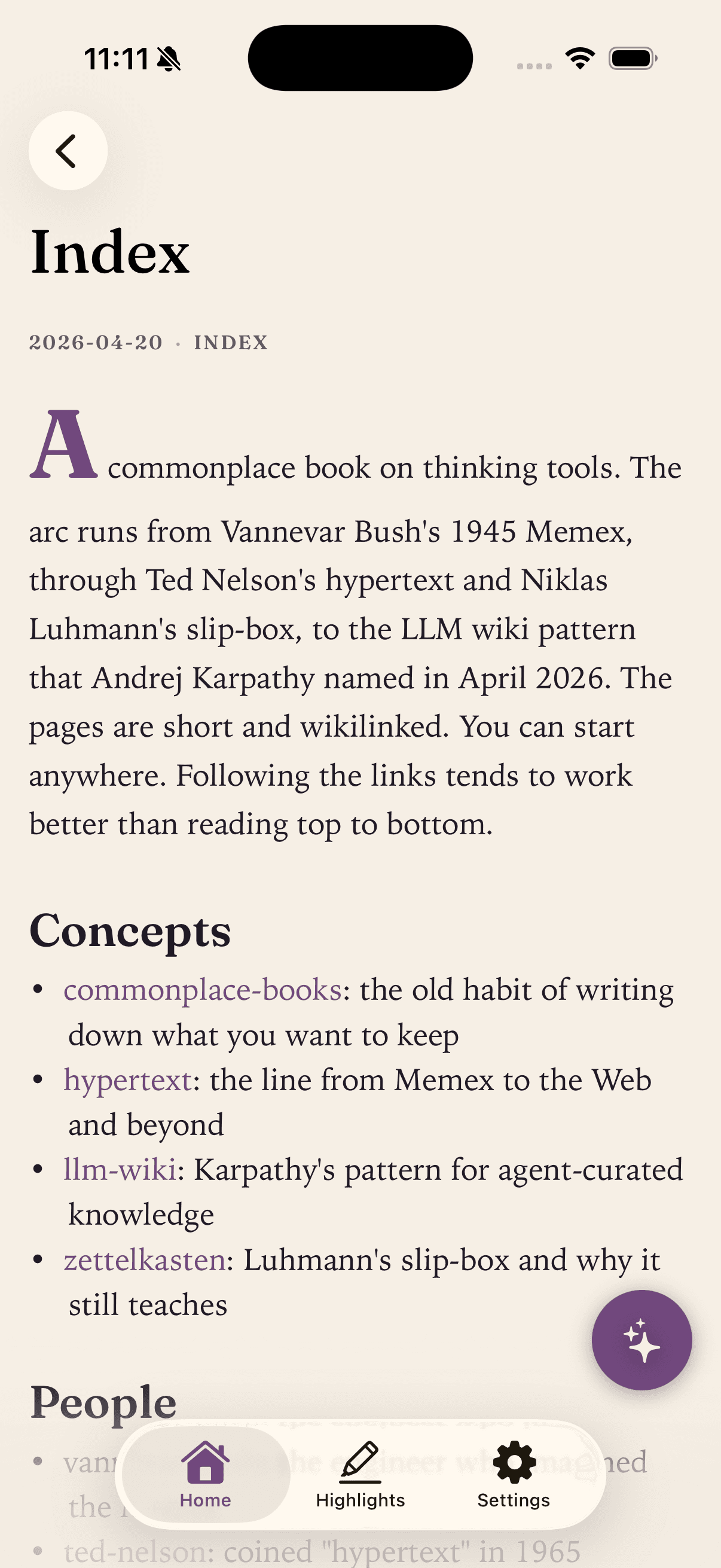 An index note listing other notes as tappable wikilinks